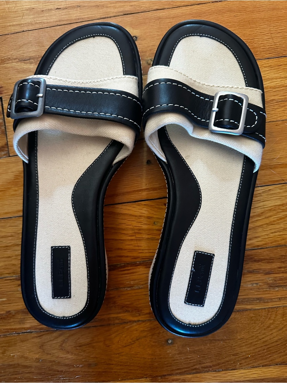 LL Bean Womens Size 7.5M Canvas Leather Buckle Slide Sandals Wedges